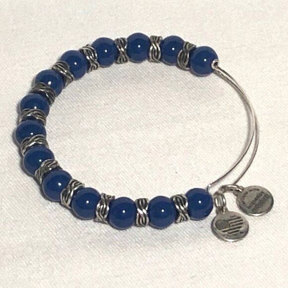 Alex & Ani Sodalite Blue Beaded Silver Tone Adjustable Bangle - Picture 2 of 4